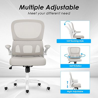 Mesh Ergonomic Office Chair with Lumbar Support Flip Armrest Rolling Wheels White and Khaki