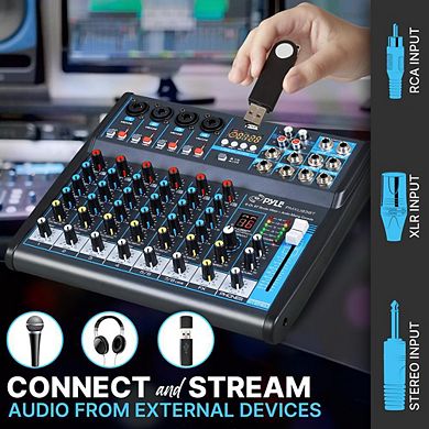 Pyle 8-Channel Professional Audio Mixer, Bluetooth, USB, MP3 Input, Phantom Power, DSP Processor