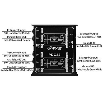 Pyle PDC22 Premium Dual Direct Injection Audio Box - 1/4'' Instrument to XLR