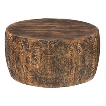 Rea Handcrafted Mango Wood Coffee Table, Round Drum Shape, Carved Damask Pattern, Walnut Brown