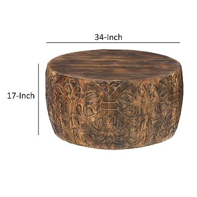 Rea Handcrafted Mango Wood Coffee Table, Round Drum Shape, Carved Damask Pattern, Walnut Brown