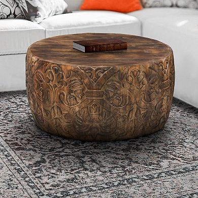 Rea Handcrafted Mango Wood Coffee Table, Round Drum Shape, Carved Damask Pattern, Walnut Brown