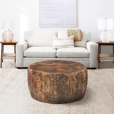 Rea Handcrafted Mango Wood Coffee Table, Round Drum Shape, Carved Damask Pattern, Walnut Brown