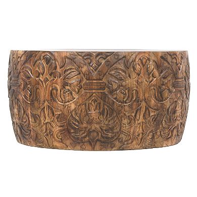 Rea Handcrafted Mango Wood Coffee Table, Round Drum Shape, Carved Damask Pattern, Walnut Brown
