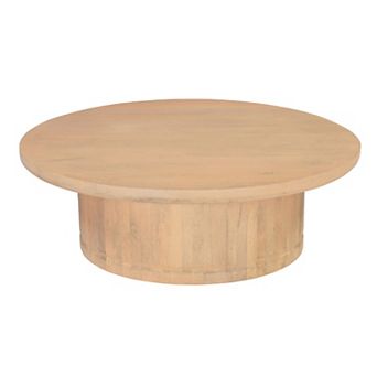 Bela Coffee Table, 47 Inch Round Top, Handcrafted Beige Mango Wood Pedestal Base