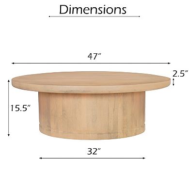 Bela Coffee Table, 47 Inch Round Top, Handcrafted Beige Mango Wood Pedestal Base