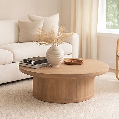 Bela Coffee Table, 47 Inch Round Top, Handcrafted Beige Mango Wood Pedestal Base