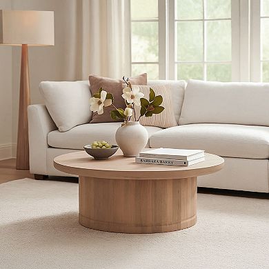 Bela Coffee Table, 47 Inch Round Top, Handcrafted Beige Mango Wood Pedestal Base