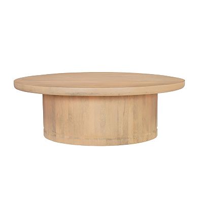 Bela Coffee Table, 47 Inch Round Top, Handcrafted Beige Mango Wood Pedestal Base