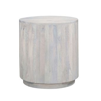 Febe Side End Accent Table, 20 Inch Round Top, Cylindrical Plinth Base, Oak White Mango Wood