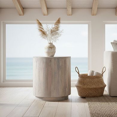 Febe Side End Accent Table, 20 Inch Round Top, Cylindrical Plinth Base, Oak White Mango Wood