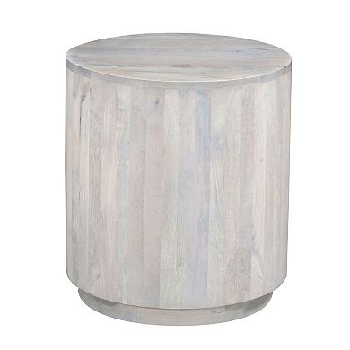 Febe Side End Accent Table, 20 Inch Round Top, Cylindrical Plinth Base, Oak White Mango Wood