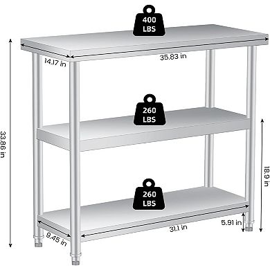 IDEALHOUSE 34 Inch 3-Tier Stainless Steel Work Table