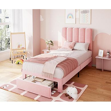 IDEALHOUSE Twin Upholstered Bed Frame with Storage Drawer