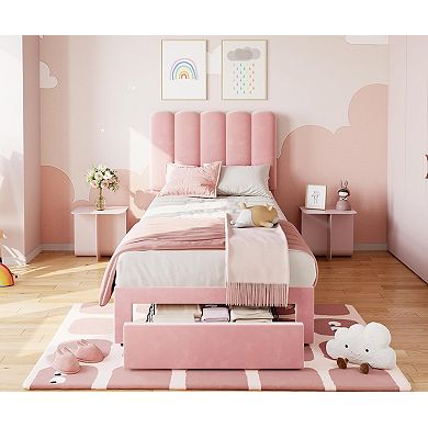 IDEALHOUSE Twin Upholstered Bed Frame with Storage Drawer