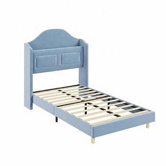 IDEALHOUSE Velvet Kids Bed Frame with LED Light & Storage Headboard