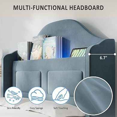 IDEALHOUSE Velvet Kids Bed Frame with LED Light & Storage Headboard