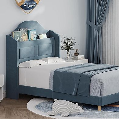 IDEALHOUSE Velvet Kids Bed Frame with LED Light & Storage Headboard