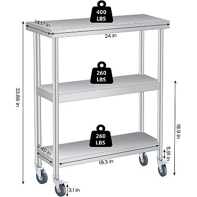 IDEALHOUSE 34 Inch 3-Tier Stainless Steel Work Table
