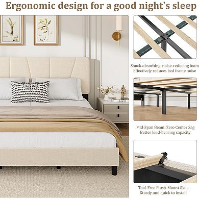 IDEALHOUSE Upholstered Platform Bed Frame with Adjustable Headboard