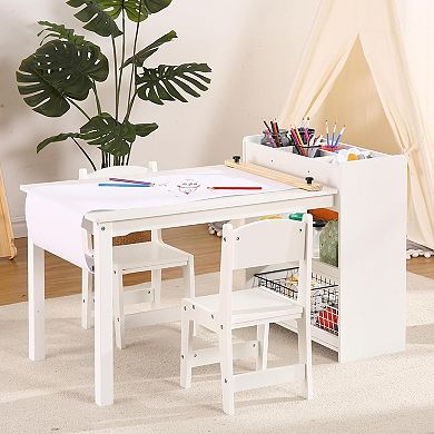 IDEALHOUSE White Kids Art Table and 2 Chairs Set with Storage