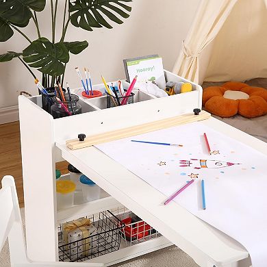 IDEALHOUSE White Kids Art Table and 2 Chairs Set with Storage