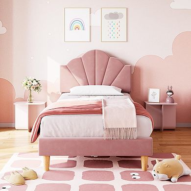 IDEALHOUSE Velvet Upholstered Platform Bed Frame for Kids