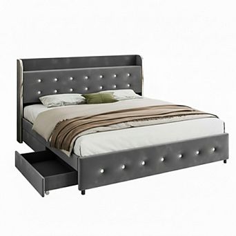 IDEALHOUSE Black Velvet Upholstered Bed Frame with 4 Drawers