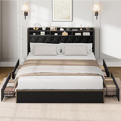 IDEALHOUSE Black Velvet Upholstered Bed Frame with 4 Drawers