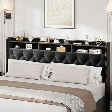 IDEALHOUSE Black Velvet Upholstered Bed Frame with 4 Drawers