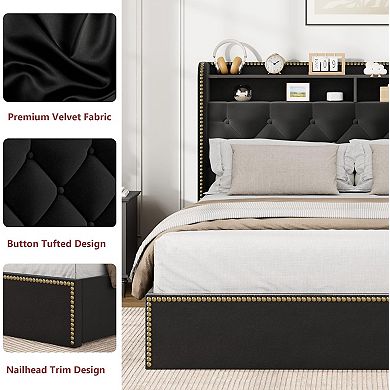 IDEALHOUSE Black Velvet Upholstered Bed Frame with 4 Drawers