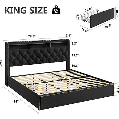 IDEALHOUSE Black Velvet Upholstered Bed Frame with 4 Drawers