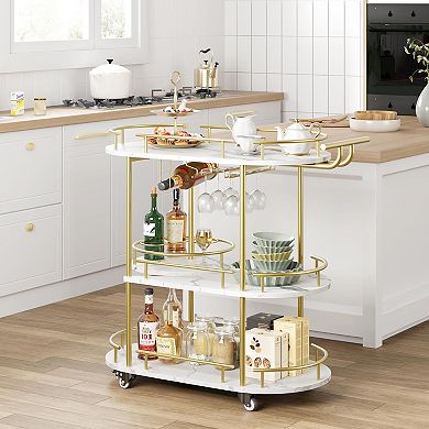 IDEALHOUSE 3-Tier Gold Rotating Bar Cart with Wine Rack