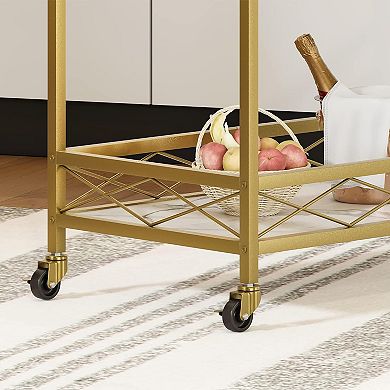 IDEALHOUSE 2-Tier Gold Bar Cart with Marble Shelf & Wine Rack
