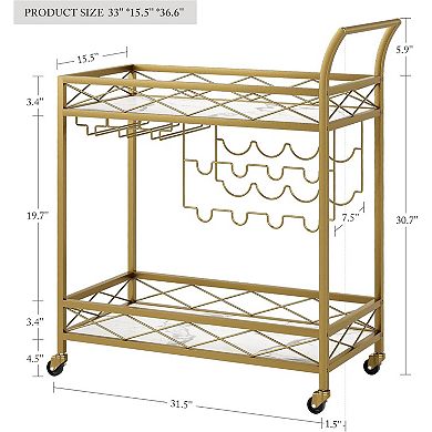 IDEALHOUSE 2-Tier Gold Bar Cart with Marble Shelf & Wine Rack