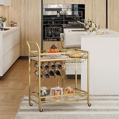 IDEALHOUSE 2-Tier Gold Bar Cart with Marble Shelf & Wine Rack