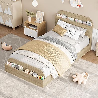 IDEALHOUSE Twin Wooden Platform Bed with Storage Headboard