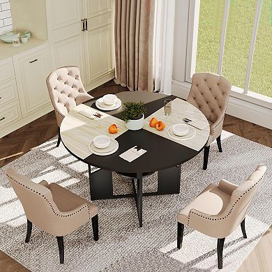 IDEALHOUSE Round Dining Table with Storage Shelf, Wood and Black Metal Base