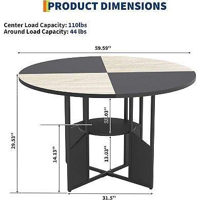 IDEALHOUSE Round Dining Table with Storage Shelf, Wood and Black Metal Base