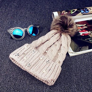 Women's Cable Knit Beanie Hat with Decorative Pearl and Star Embellishments and Soft Pom Detail