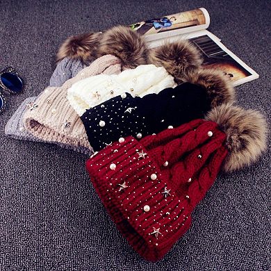 Women's Cable Knit Beanie Hat with Decorative Pearl and Star Embellishments and Soft Pom Detail