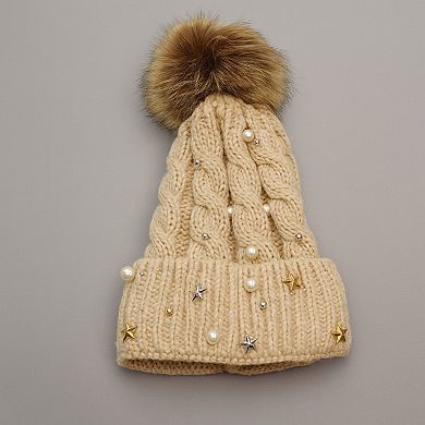 Women's Cable Knit Beanie Hat with Decorative Pearl and Star Embellishments and Soft Pom Detail