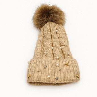 Women's Cable Knit Beanie Hat with Decorative Pearl and Star Embellishments and Soft Pom Detail