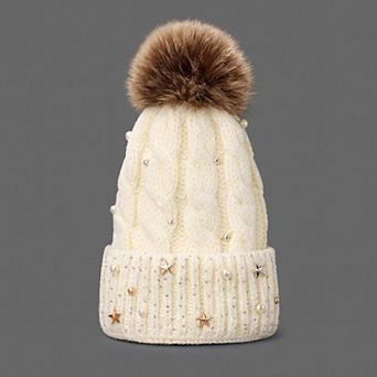 Women's Cable Knit Beanie Hat with Decorative Pearl and Star Embellishments and Soft Pom Detail