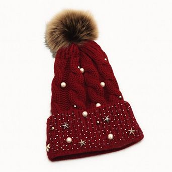 Women's Cable Knit Beanie Hat with Decorative Pearl and Star Embellishments and Soft Pom Detail