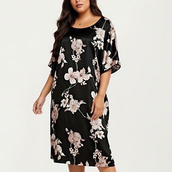 Women's PLus Size Satin Nightgown with Allover Floral Print Relaxed Fit Scoop Neckline
