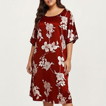 Women's PLus Size Satin Nightgown with Allover Floral Print Relaxed Fit Scoop Neckline