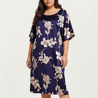 Women's PLus Size Satin Nightgown with Allover Floral Print Relaxed Fit Scoop Neckline