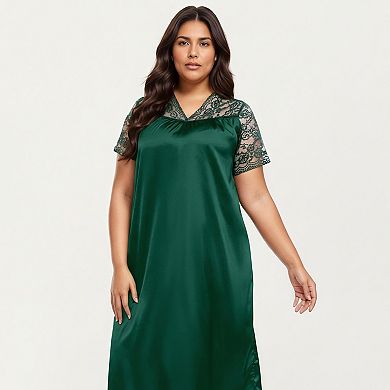 Women's PLus Size Nightgown with Delicate Lace V-Neck Short Sleeves and Soft Flowing Silhouette