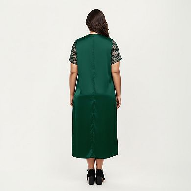 Women's PLus Size Nightgown with Delicate Lace V-Neck Short Sleeves and Soft Flowing Silhouette